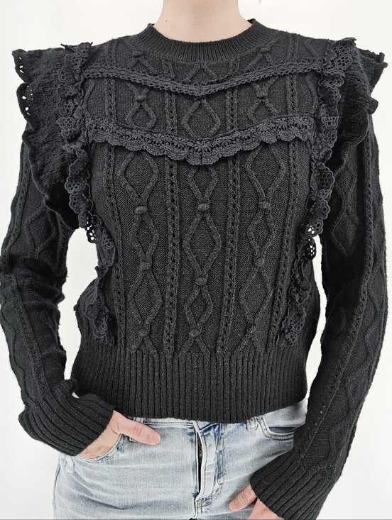 Sweaters - Black cable knit lace ruffle sweater